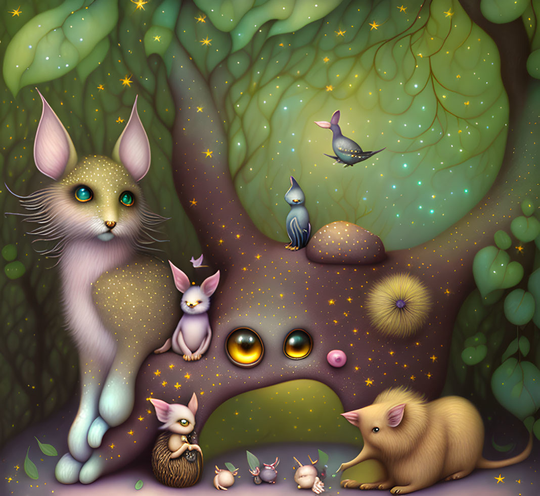 Fantasy creatures in enchanted forest with cat, kittens, sparkling trees