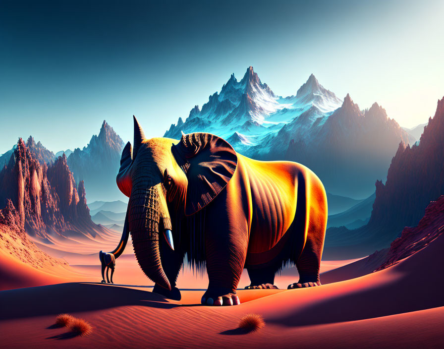 Surreal desert landscape with oversized elephant and vibrant colors