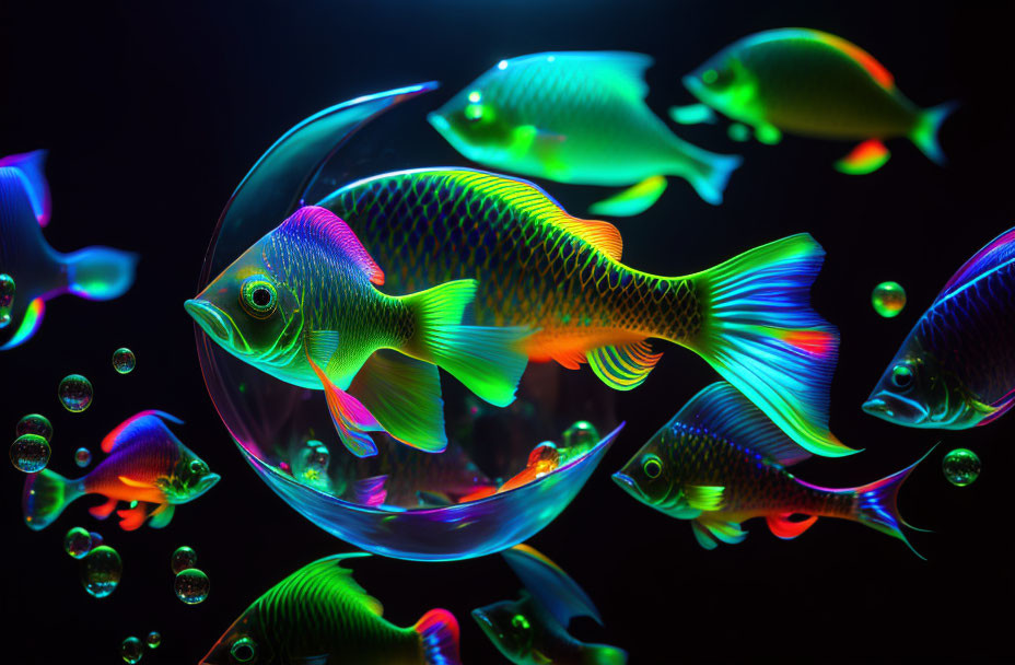 Vibrant neon fish in transparent bubble on dark background