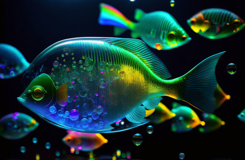 Colorful translucent fish with neon bubbles in dark aquatic scene