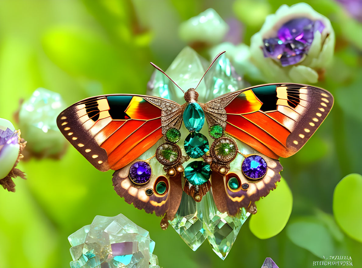 Colorful Butterfly with Gemstone Wings on Crystal and Green Bokeh