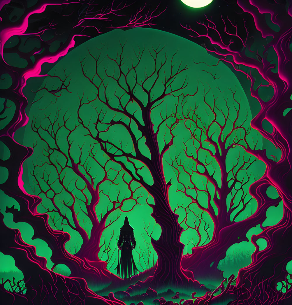 Nighttime forest art: eerie bare trees, green sky, neon pink accents, cloaked figure.