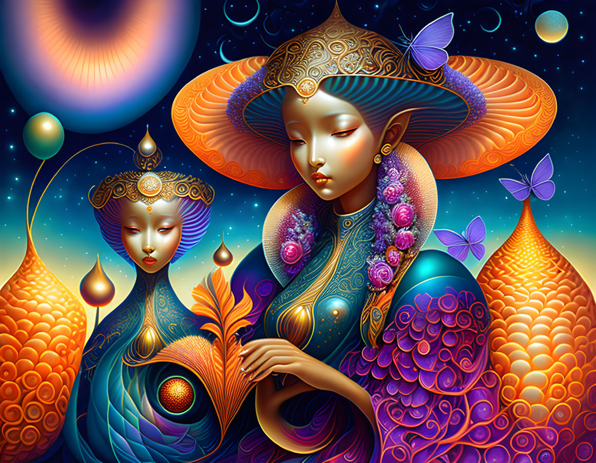 Colorful digital artwork: Two ethereal female figures with intricate headdresses, surrounded by butterflies, planets