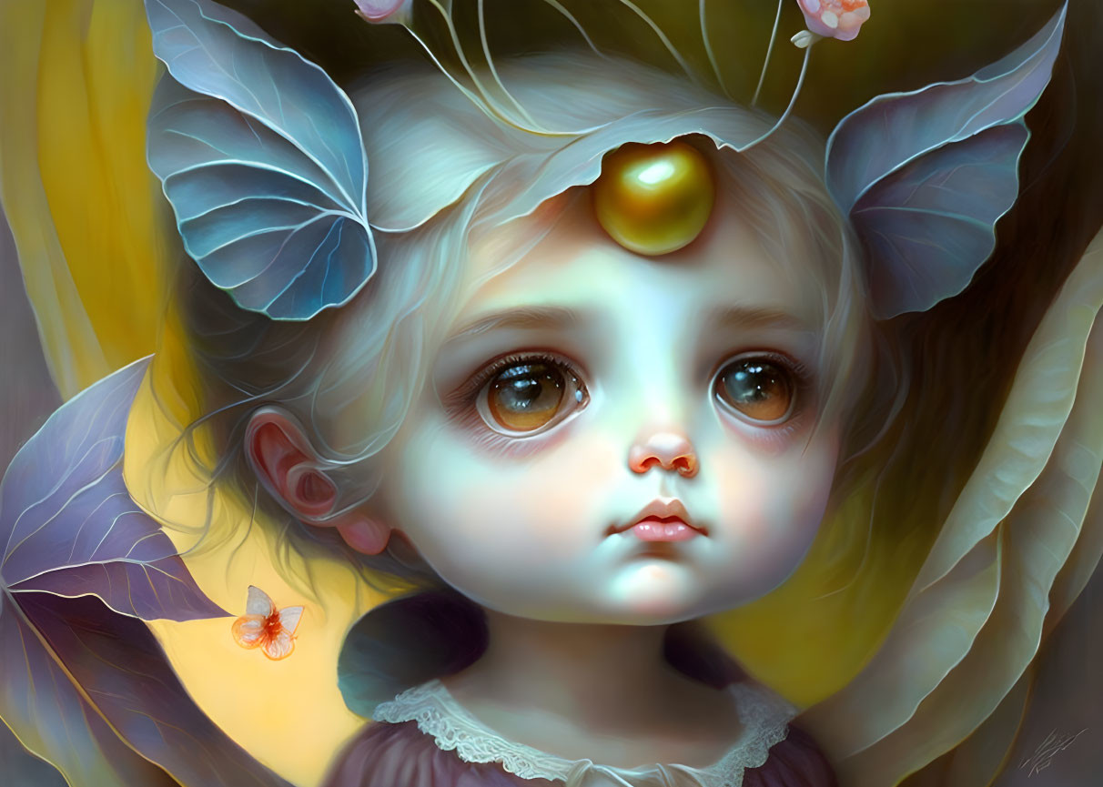 Child with Butterfly Wing Ears and Golden Pearl Headpiece in Magical Scene