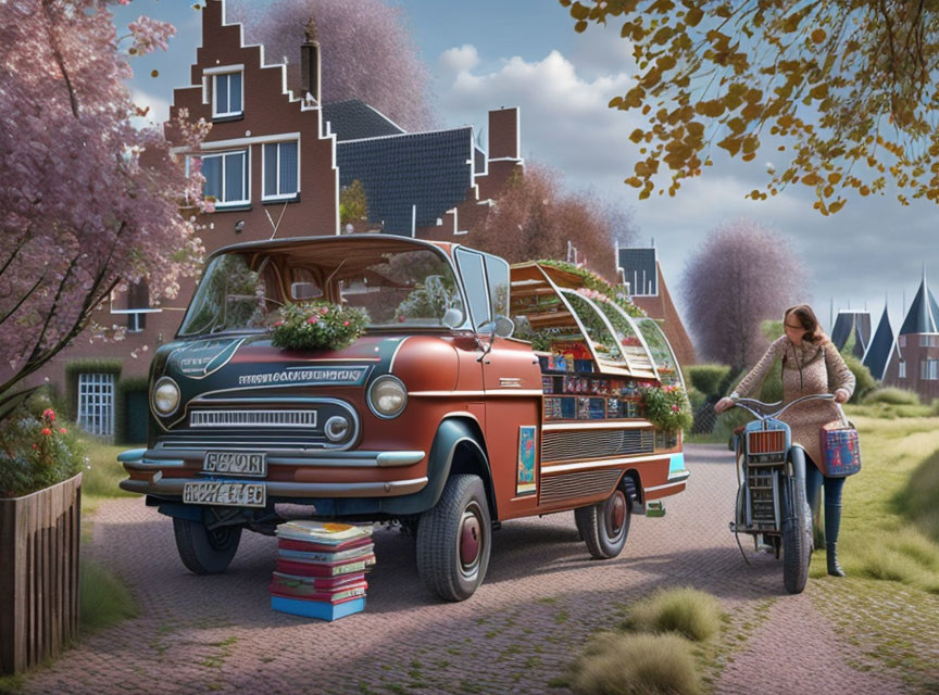 Woman with bicycle near vintage book van under cherry blossom trees on quaint street.