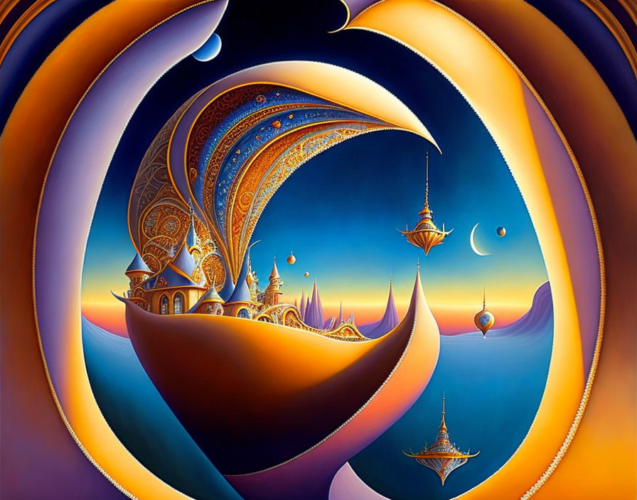 Surreal landscape with ornate ship-like structures and crescent moon shapes