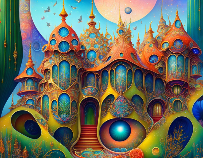 Vibrant painting of whimsical building in fantastical landscape