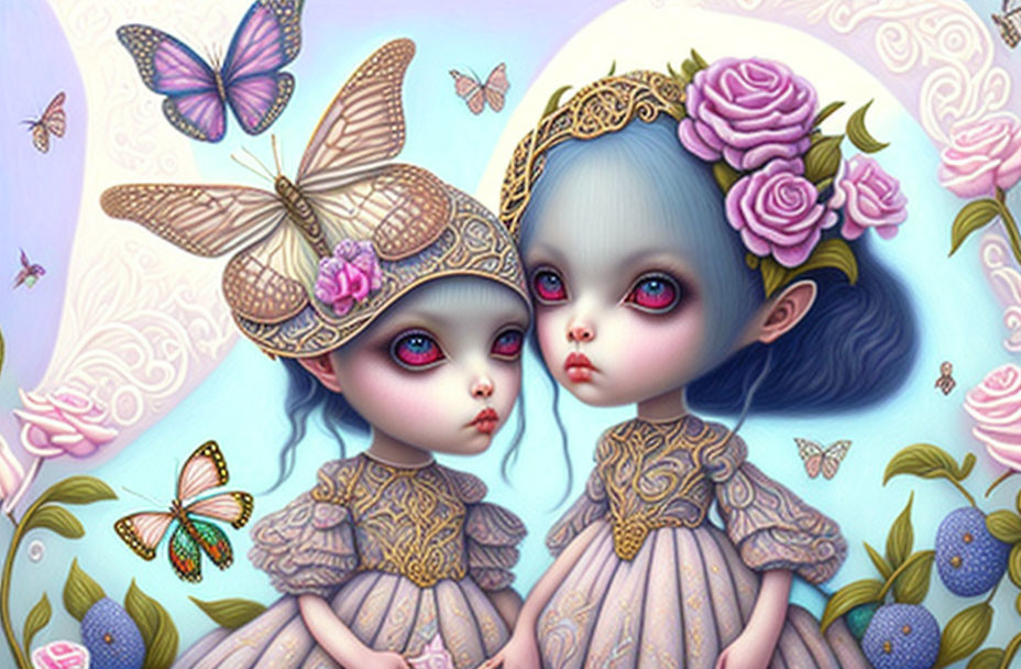 Whimsical girls with floral headpieces and butterflies in pastel fairy-tale scene