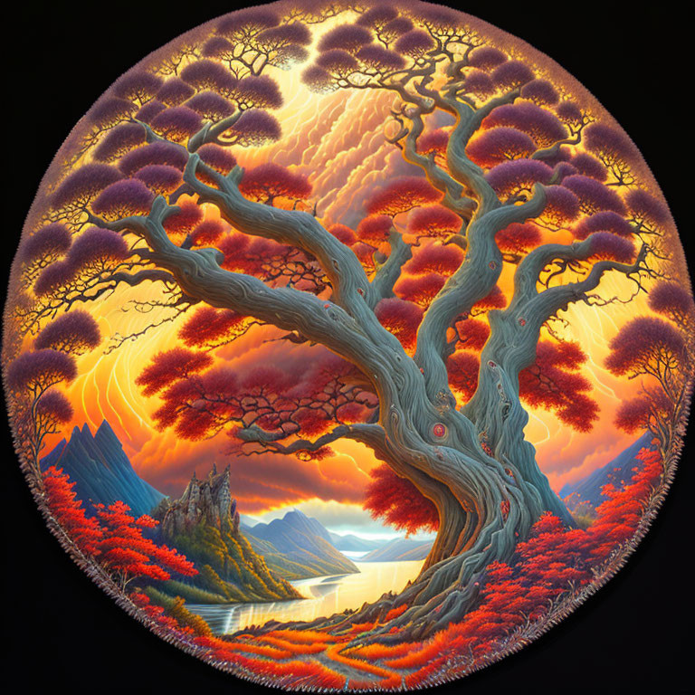 Circular painting: Majestic tree, red leaves, orange sky, mountains, river.