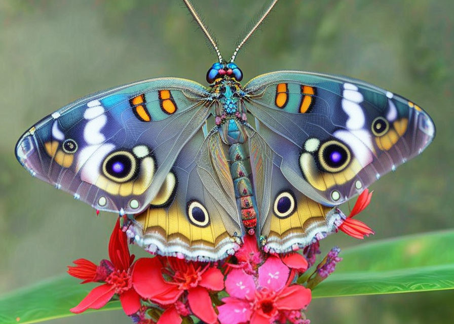 Colorful Butterfly Resting on Red Flowers with Green Background