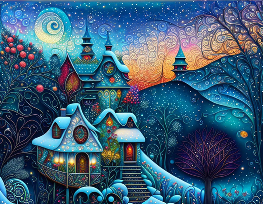 Fantastical house illustration in vibrant colors.