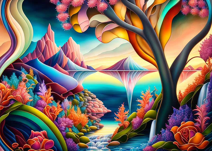 Colorful fantasy landscape with whimsical trees and glowing flora against majestic mountains