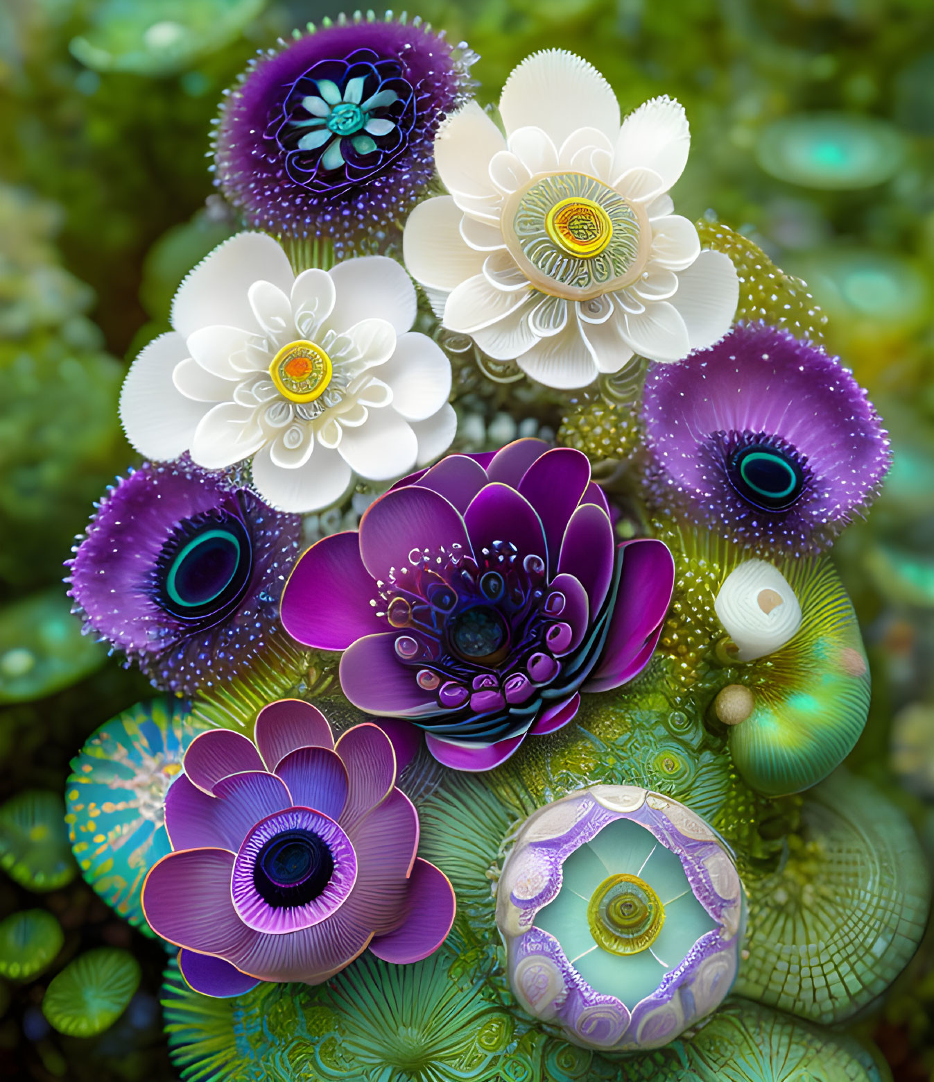 Intricate Digital Artwork: Stylized Flowers in Purple, White, and Green