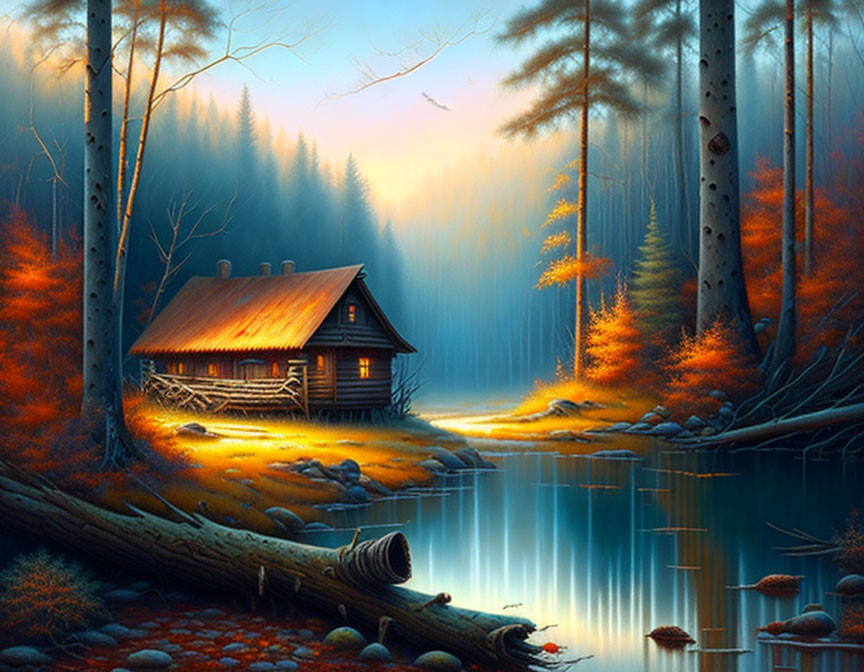 Autumn forest scene with cozy cabin by reflective lake, surrounded by orange foliage.