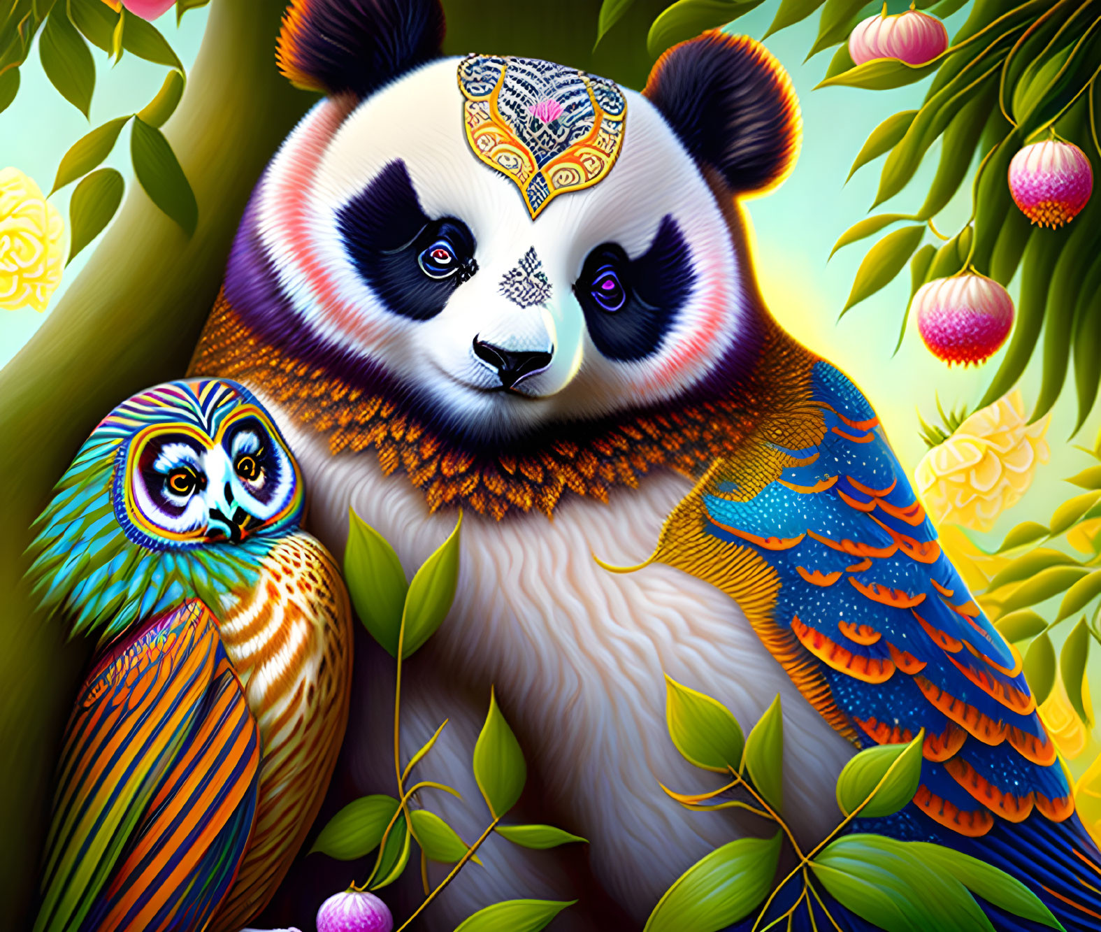 Colorful Panda and Owl Illustration in Vibrant Jungle Setting