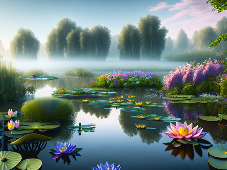 Tranquil lakeside scene with water lilies, mist, and serene waters