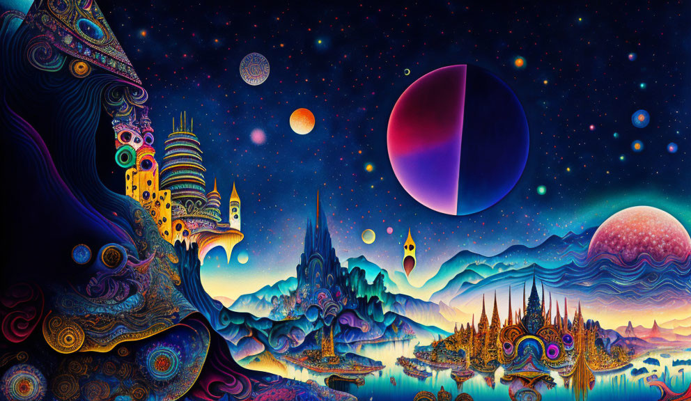 Colorful Psychedelic Fantasy Landscape with Whimsical Architecture