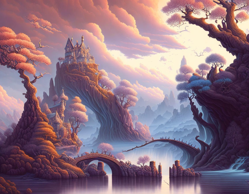 Fantasy landscape with castle, colorful trees, river, bridge, and pink sky