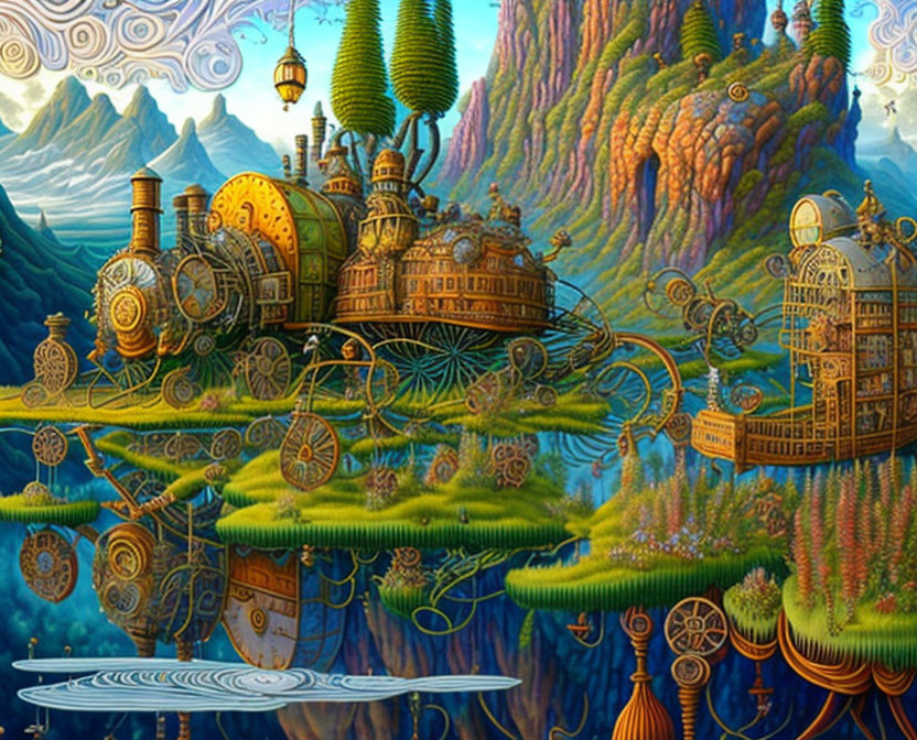 Steampunk landscape with clockwork buildings, airships, and gears in serene reflection.