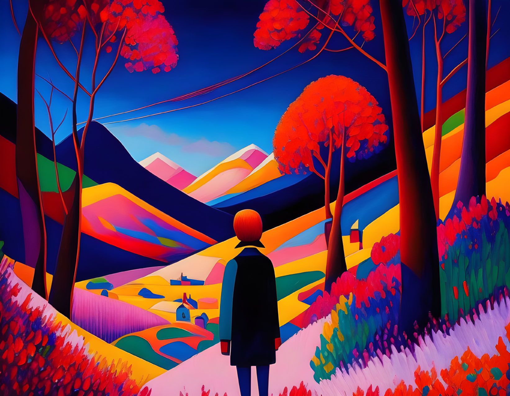 Vibrant landscape with person overlooking colorful valley and red foliage trees