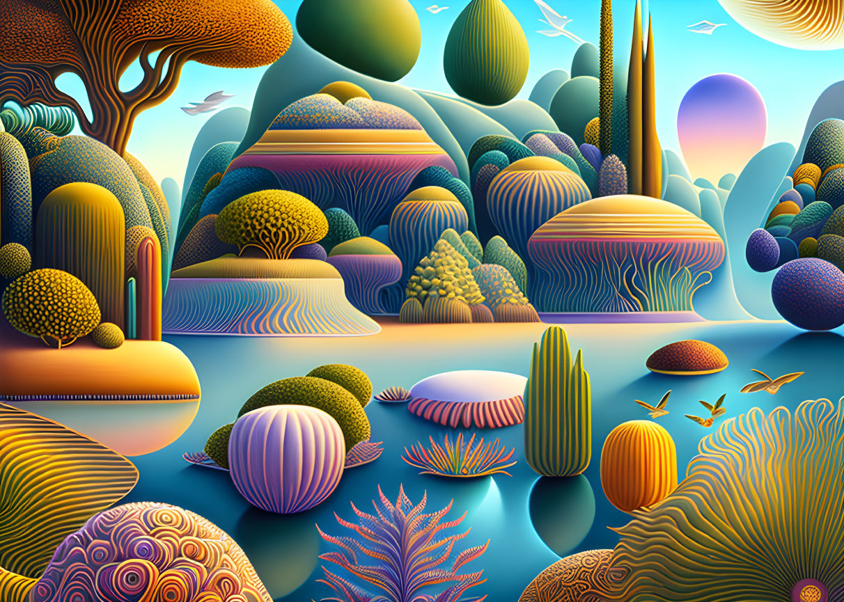 Surreal landscape with stylized flora, undulating terrains, and birds over a tranquil river