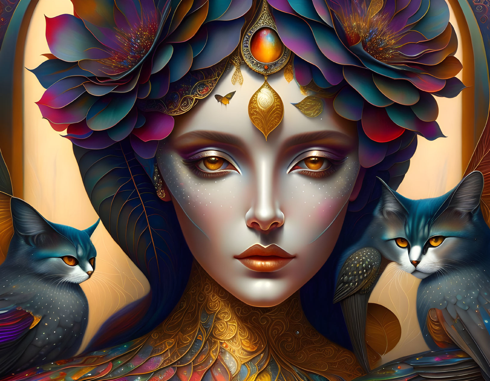 Colorful digital artwork: Woman with ornate headdress and stylized cats