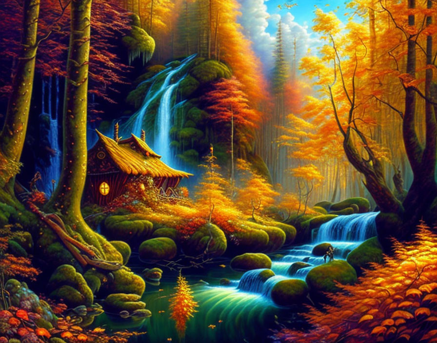 Enchanted forest with waterfall, stream, cottage, autumnal trees.