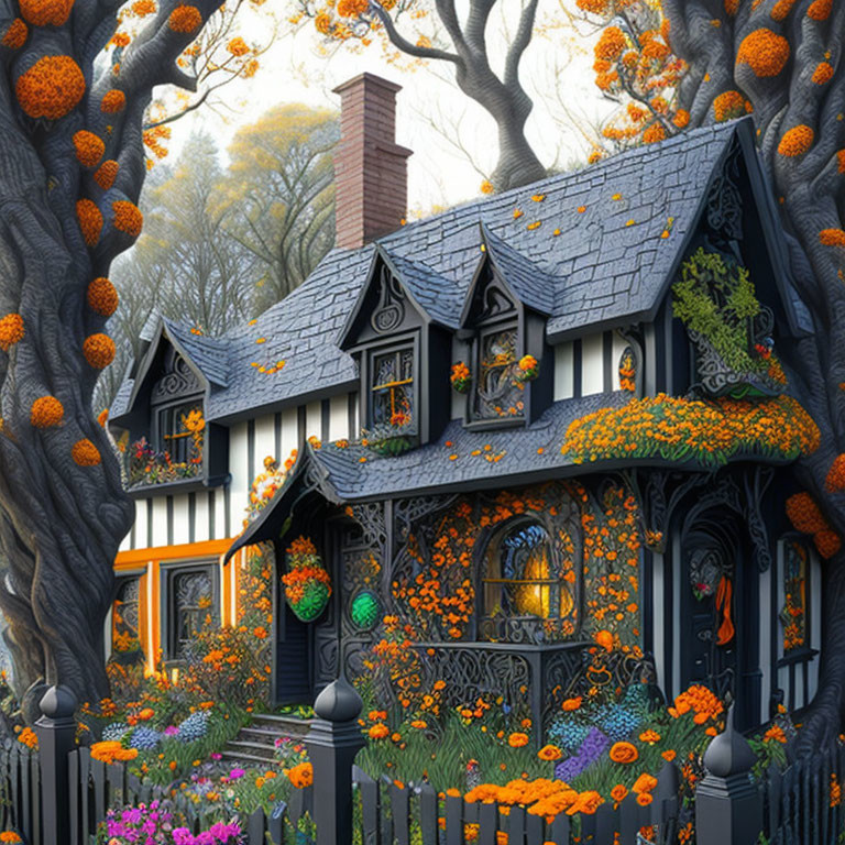 Whimsical autumn forest cottage with orange flowers