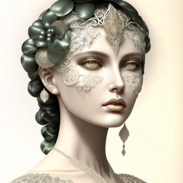 Detailed 3D illustration of woman in lace mask and jewelry