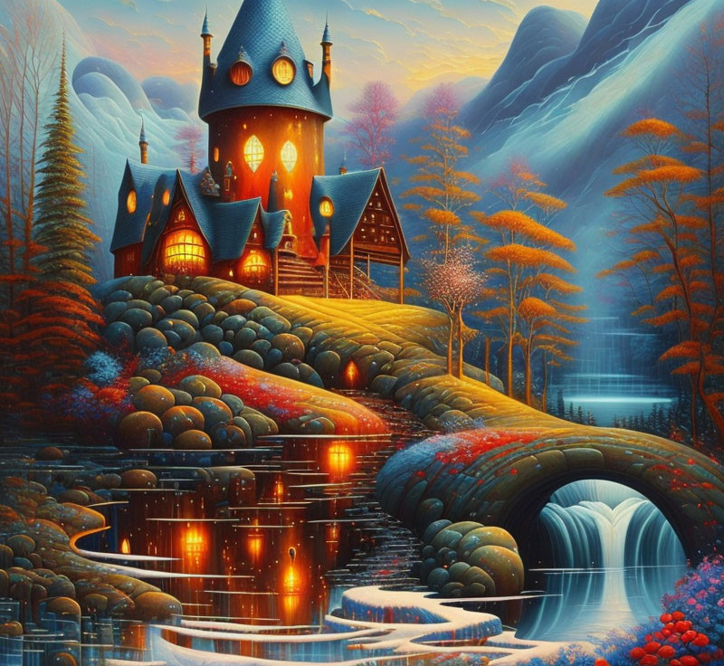 Fantastical painting of luminous castle in autumnal setting