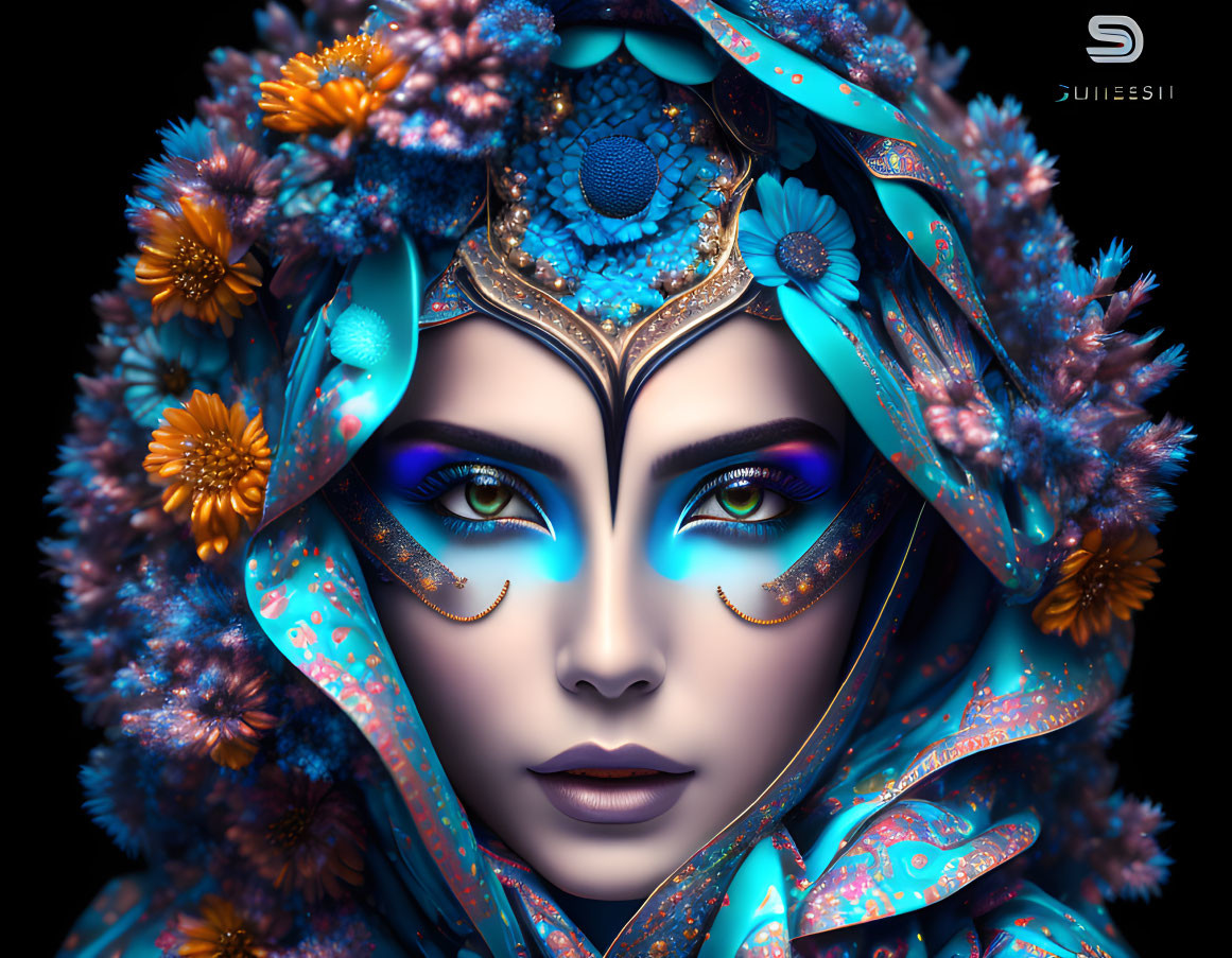 Colorful digital artwork: Woman with floral headgear in blue and orange on dark background