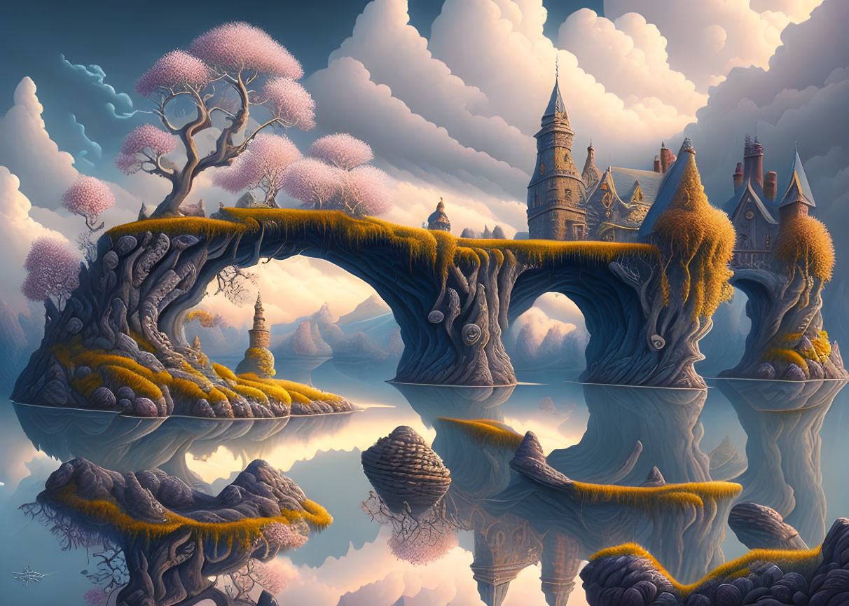 Fantasy landscape with castle on bridge, pink trees, and reflective waters