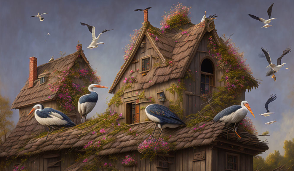 Pelicans on wooden house with flowering vines under dusky sky