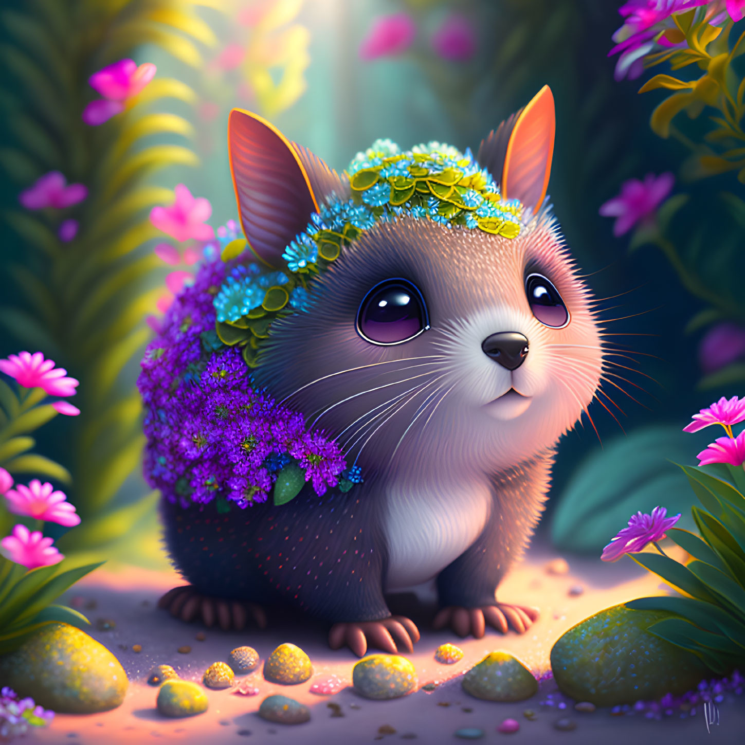 Colorful Flower Crown Mouse Illustration in Vibrant Garden