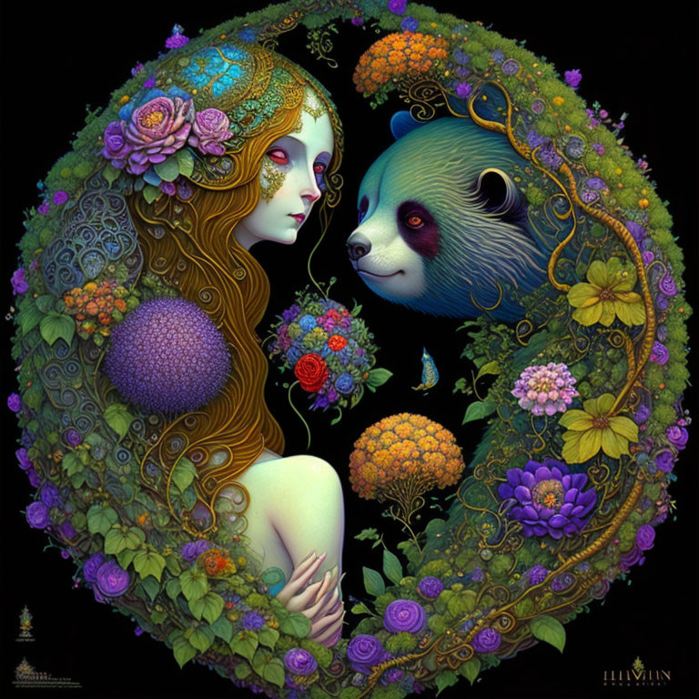 Woman with flowing hair and panda in floral wreath on black background