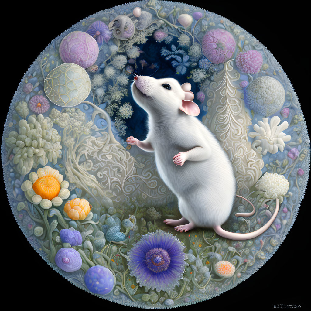 White Mouse in Whimsical Floral Universe