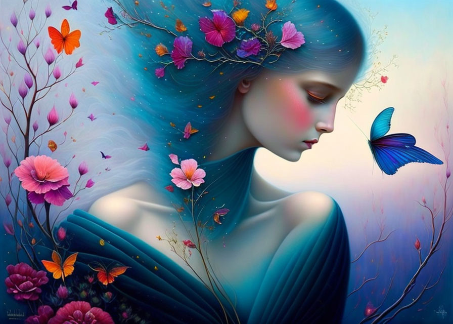 Surreal portrait of woman with flowing blue hair and vibrant flowers.