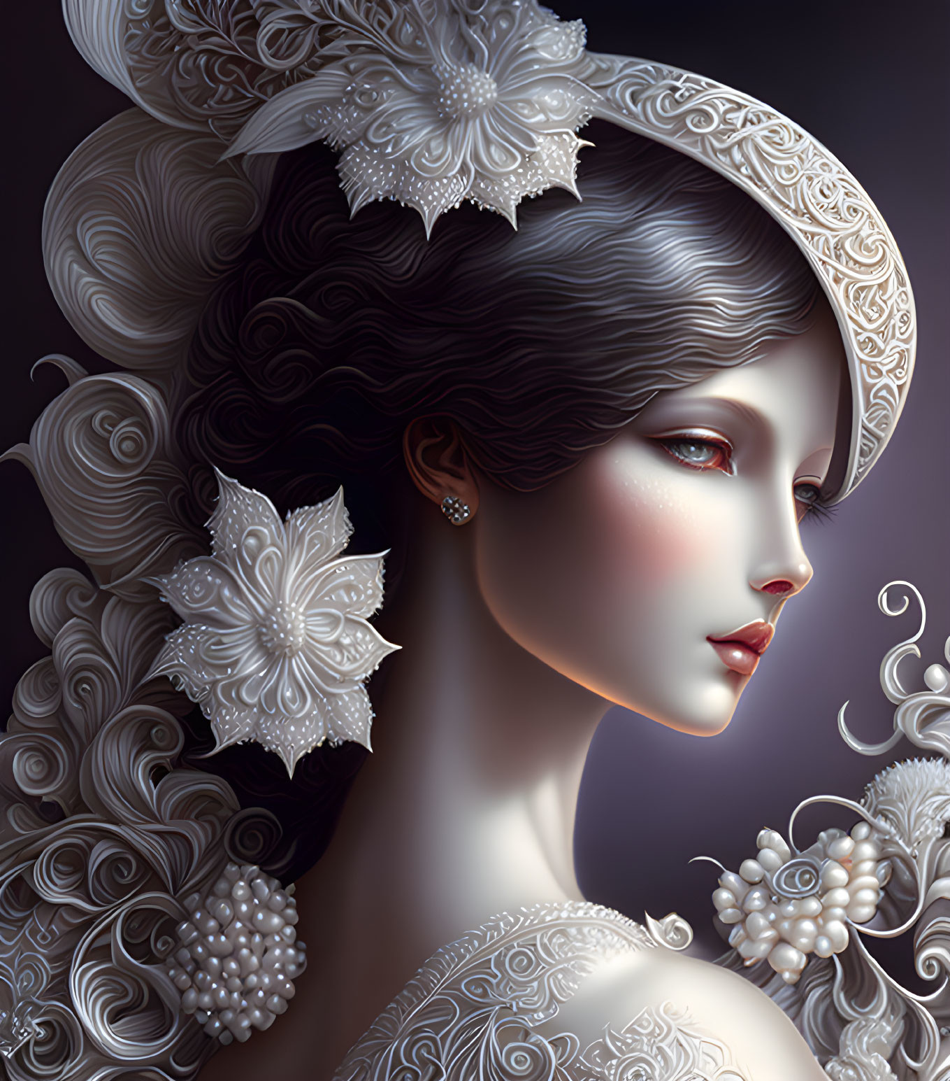 Detailed portrait of woman with elaborate white headdress and floral designs