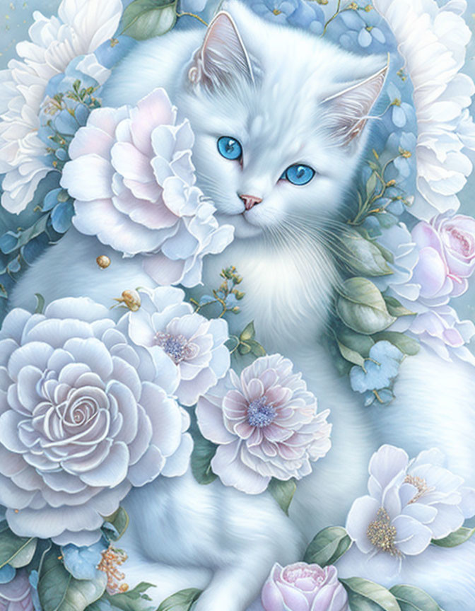 White Cat with Blue Eyes Surrounded by Blue and Pink Flowers