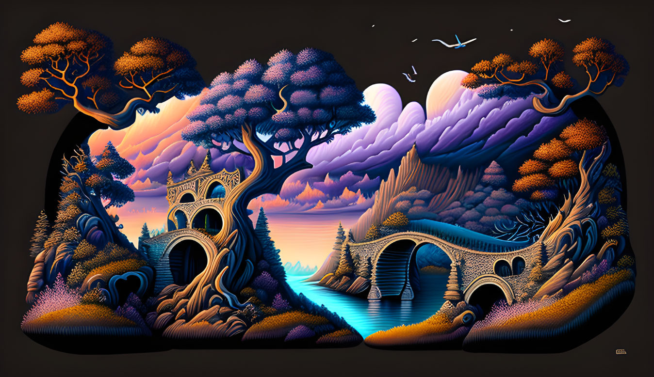 Fantastical landscape with stylized trees, castle, bridges, and birds in purple and orange sky