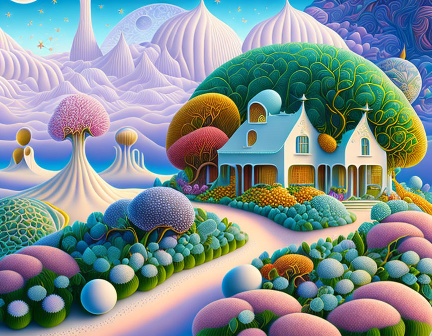 Whimsical landscape with cottage, vibrant flora, stars, and swirling sky