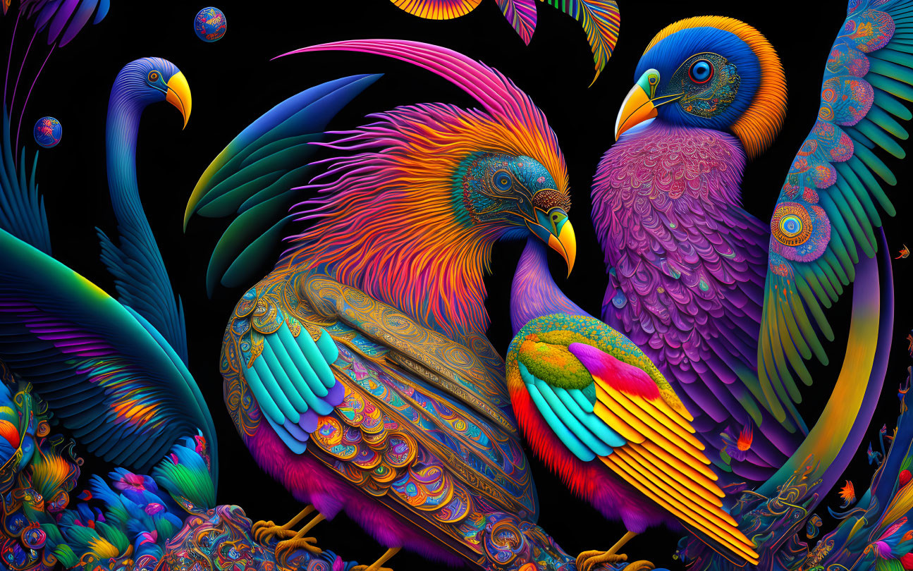 Colorful Fantasy Birds with Ornate Feathers on Black Background