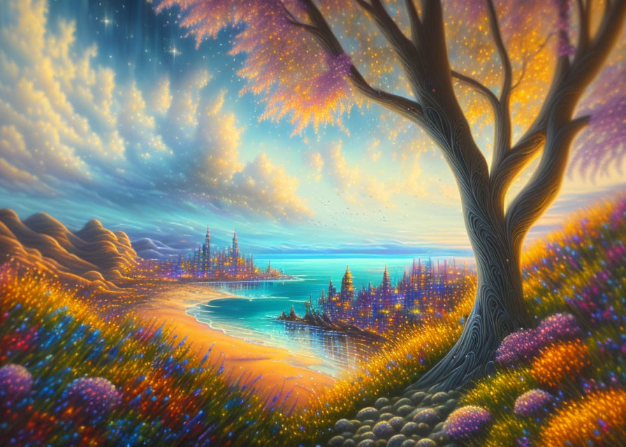 Colorful Tree and Mystical City in Surreal Landscape