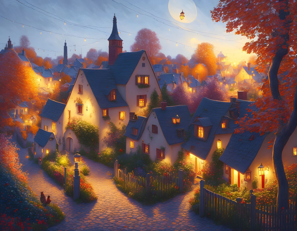 Twilight scene with cozy cottages, glowing windows, lantern-lit paths