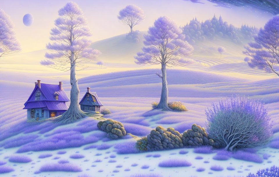 Lavender fields, cottages, leafless trees in serene landscape