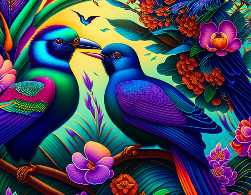 Colorful digital art featuring stylized birds in tropical setting with rich blues, greens, and oranges.