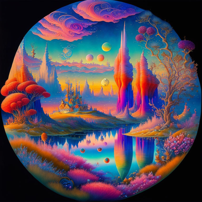 Colorful Fantasy Landscape Painting with Exotic Flora and Celestial Bodies