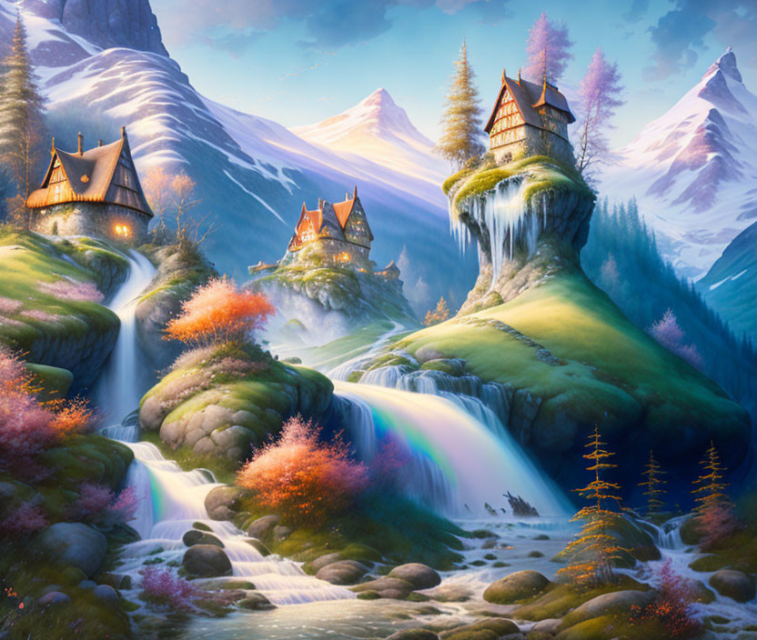 Fantasy Twilight Scene: Waterfalls, Colorful Trees, Mountaintop Castles