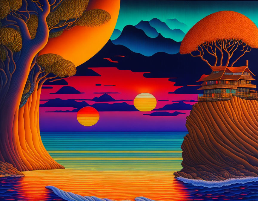 Surreal dual trees and colorful sky in digital landscape art