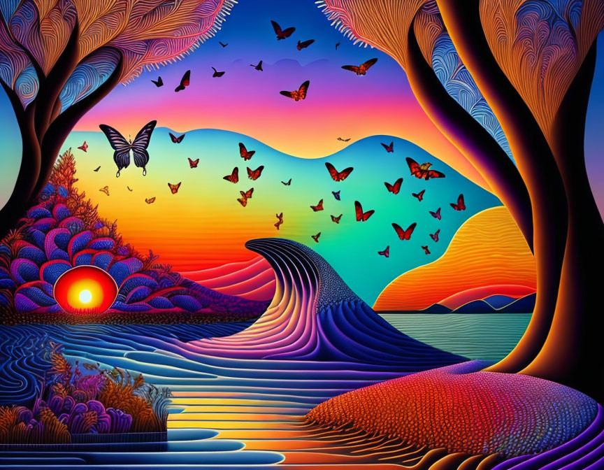 Colorful surreal landscape with stylized elements and setting sun.